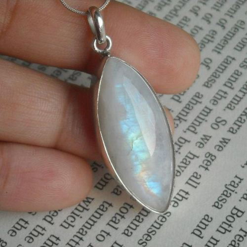 Rainbow Moonstone Pendant Necklace, Leaf silver pendant chain