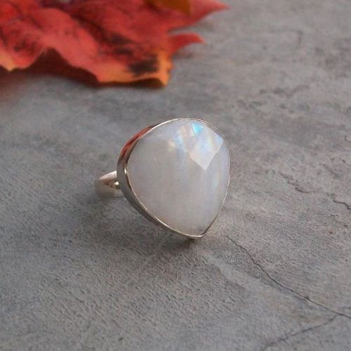 Rainbow Moonstone Ring, Silver ring, Faceted triangle ring