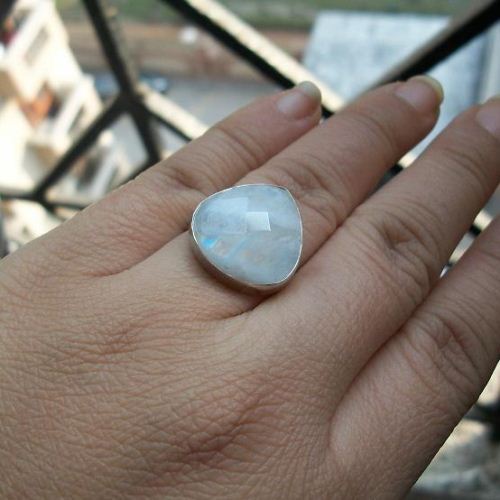Rainbow Moonstone Ring, Silver ring, Faceted triangle ring