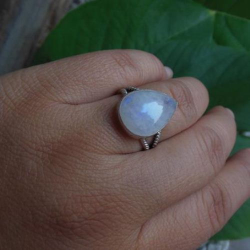 Rainbow Moonstone Ring, Silver drop gemstone ring 