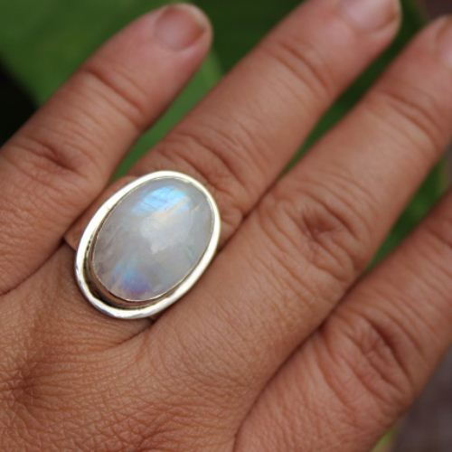 Rainbow moonstone ring, Oval gemstone silver ring, Artisan ring