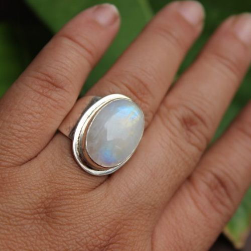 Rainbow moonstone ring, Oval gemstone silver ring, Artisan ring