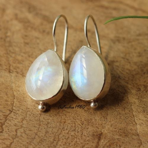 Rainbow Moonstone  gemstone earrings Handmade sterling silver