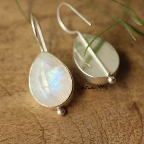 Rainbow Moonstone  gemstone earrings Handmade sterling silver
