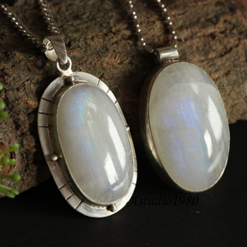 Artisan large rainbow Moonstone silver pendant necklace