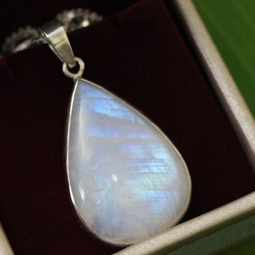 Teardrop rainbow moonstone pendant chain, Sterling silver pendant