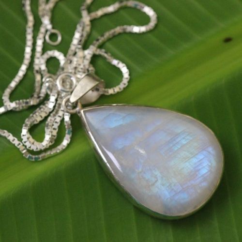 Teardrop rainbow moonstone pendant chain, Sterling silver pendant