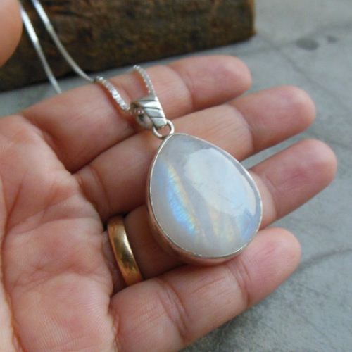 Natural rainbow moonstone pendant necklace, Silver pendant