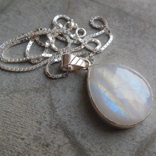 Natural rainbow moonstone pendant necklace, Silver pendant