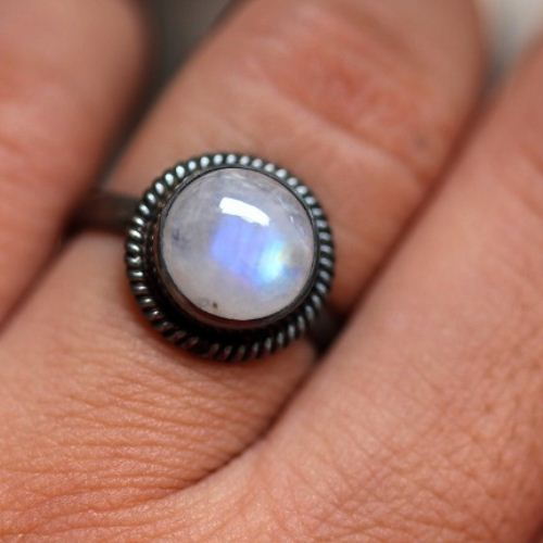 Rainbow Moonstone ring, Oxidized silver ring, Round artisan ring