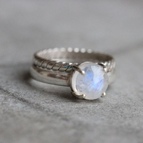 Rainbow Moonstone ring - Prong set - Silver stack rings