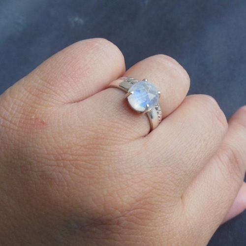 Rainbow Moonstone ring - Prong set - Silver stack rings