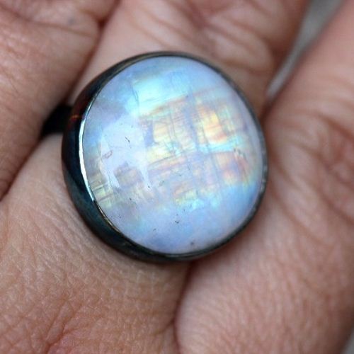 Rainbow Patina moonstone ring, OOAK Artisan gemstone silver ring