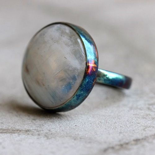 Rainbow Patina moonstone ring, OOAK Artisan gemstone silver ring