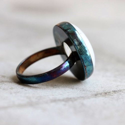 Rainbow Patina moonstone ring, OOAK Artisan gemstone silver ring