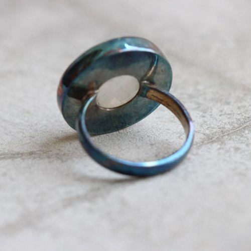 Rainbow Patina moonstone ring, OOAK Artisan gemstone silver ring