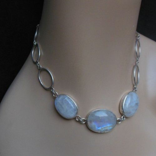Rainbow moonstone statement necklace, Artisan silver jewelry