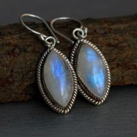 Rainbow moonstone earrings, Artisan dangler silver earrings 