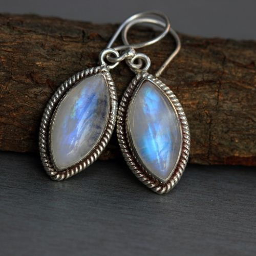 Rainbow moonstone earrings, Artisan dangler silver earrings 