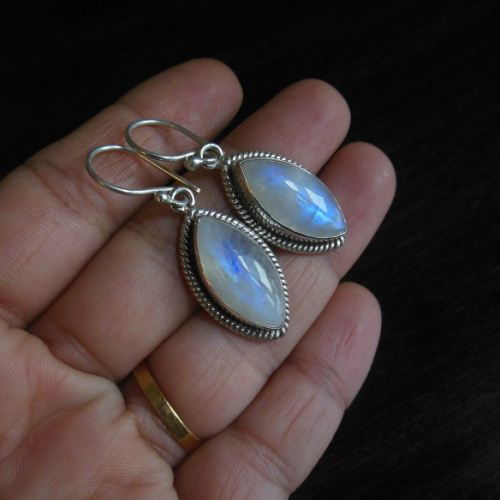Rainbow moonstone earrings, Artisan dangler silver earrings 