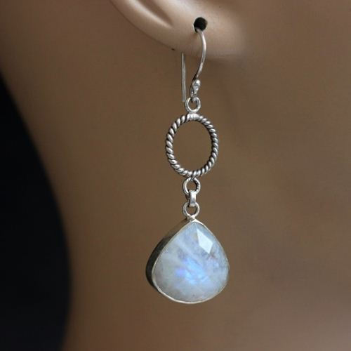 Rainbow moonstone earrings, Silver earrings, Dangler hook earrings