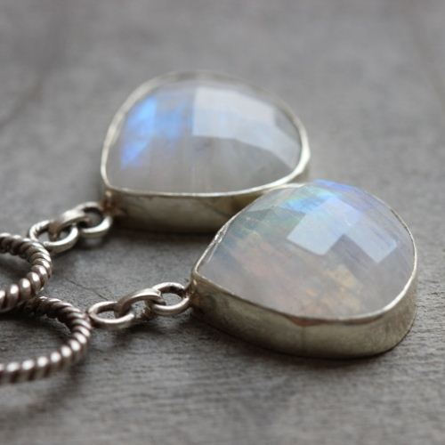 Rainbow moonstone earrings, Silver earrings, Dangler hook earrings