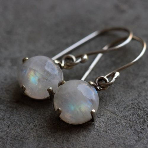 Rainbow moonstone earrings, Prong set dangler silver earrings