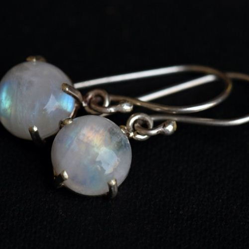 Rainbow moonstone earrings, Prong set dangler silver earrings