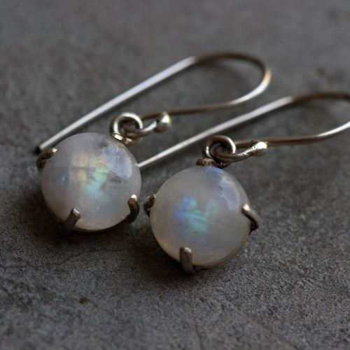 Rainbow moonstone earrings, Prong set dangler silver earrings