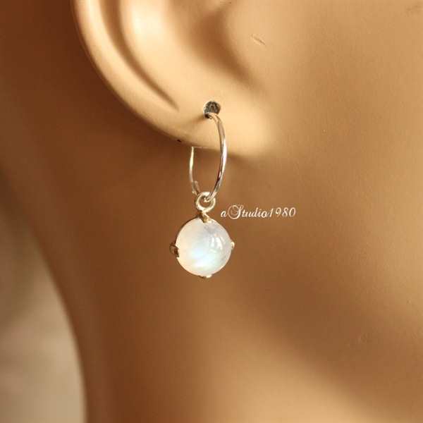 Rainbow moonstone earrings,moonstone hoop silver earrings