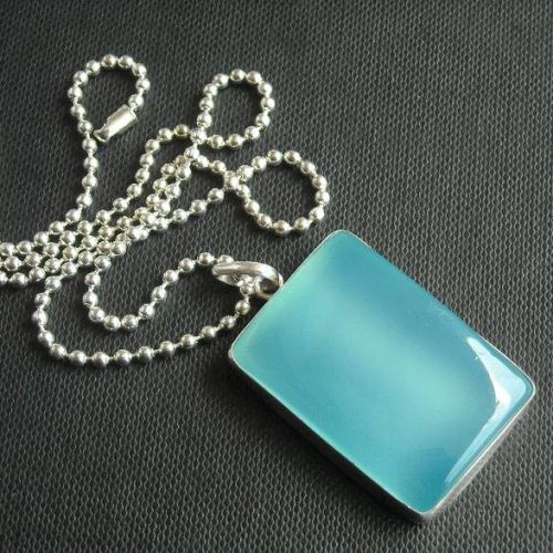 Rectangle Chalcedony pendant, Chalcedony necklace, Aqua silver jewelry