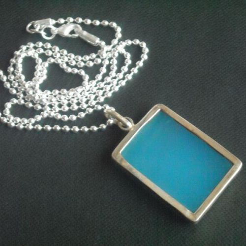 Rectangle Chalcedony pendant, Chalcedony necklace, Aqua silver jewelry