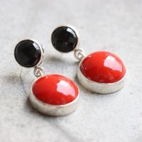 Red Coral Earrings, Black onyx coral dangle silver earrings