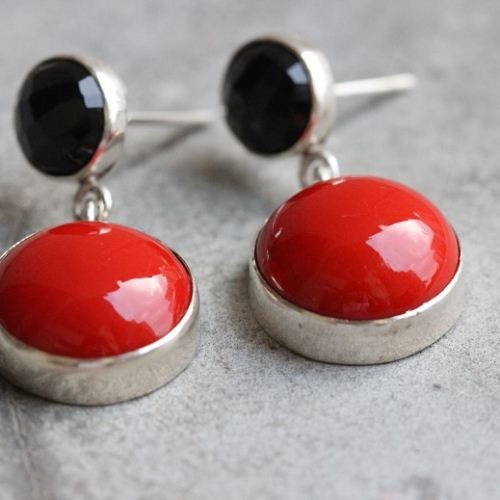 Red Coral Earrings, Black onyx coral dangle silver earrings