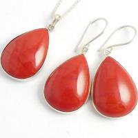 Red Coral Jewelry Sets, Red coral silver pendant earrings set