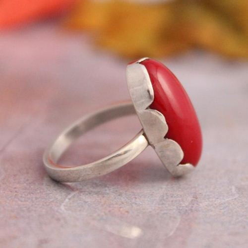 Red Coral Ring, One of a kind rings, Oval cabochon silver ring