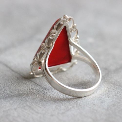 Red Coral Ring, One of a kind ring, Silver filigree ring 