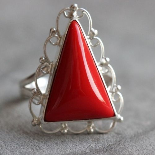 Red Coral Ring, One of a kind ring, Silver filigree ring 