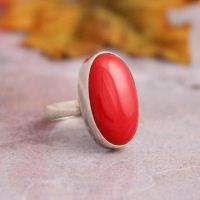 Red Coral Ring, Oval ring, Red stone silver ring