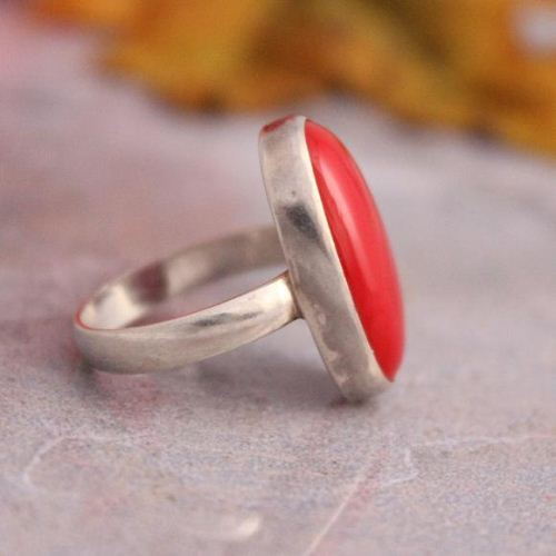 Red Coral Ring, Oval ring, Red stone silver ring