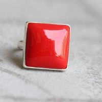 Red Coral Ring, Square ring, Silver red gemstone ring