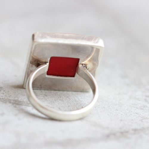 Red Coral Ring, Square ring, Silver red gemstone ring