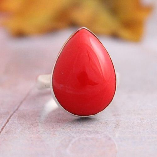 Red Coral Ring - Sterling silver tear drop ring - Red rings
