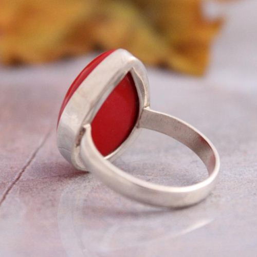 Red Coral Ring - Sterling silver tear drop ring - Red rings