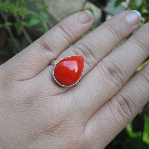 Red Coral Ring - Sterling silver tear drop ring - Red rings
