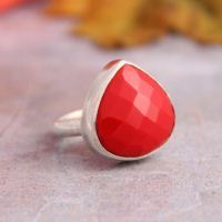 Red Coral Ring, Triangle ring, Faceted stone silver ring