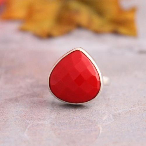 Red Coral Ring, Triangle ring, Faceted stone silver ring