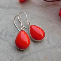 Red Coral earrings, Artisan earrings, Silver Teardrop earrings