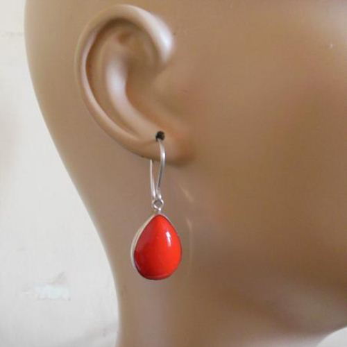Red Coral earrings - Artisan earrings - Silver Teardrop earrings