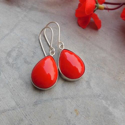 Red Coral earrings - Artisan earrings - Silver Teardrop earrings